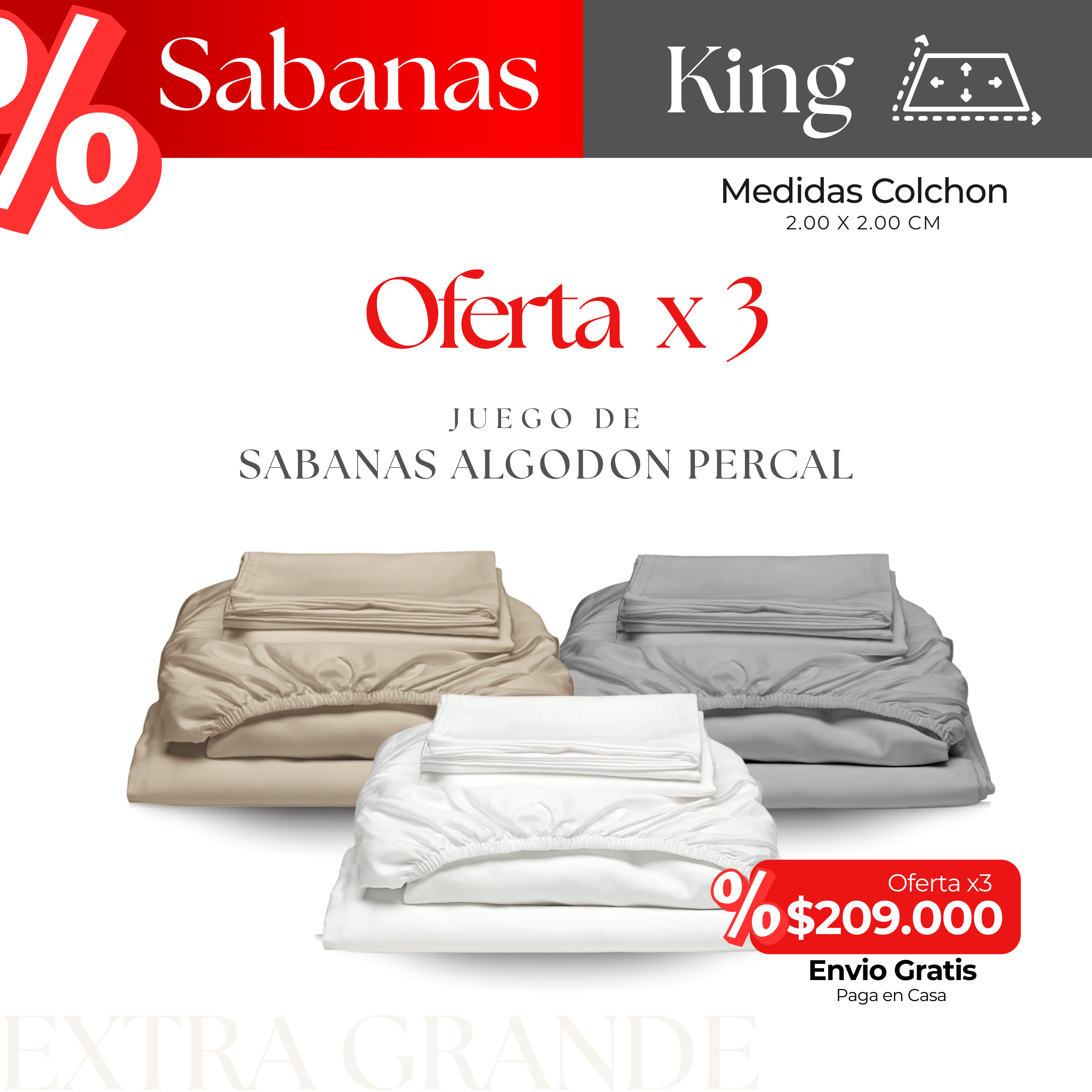 OFERTA X3 SABANA ALGODON PERCAL KING SIZE 2X2